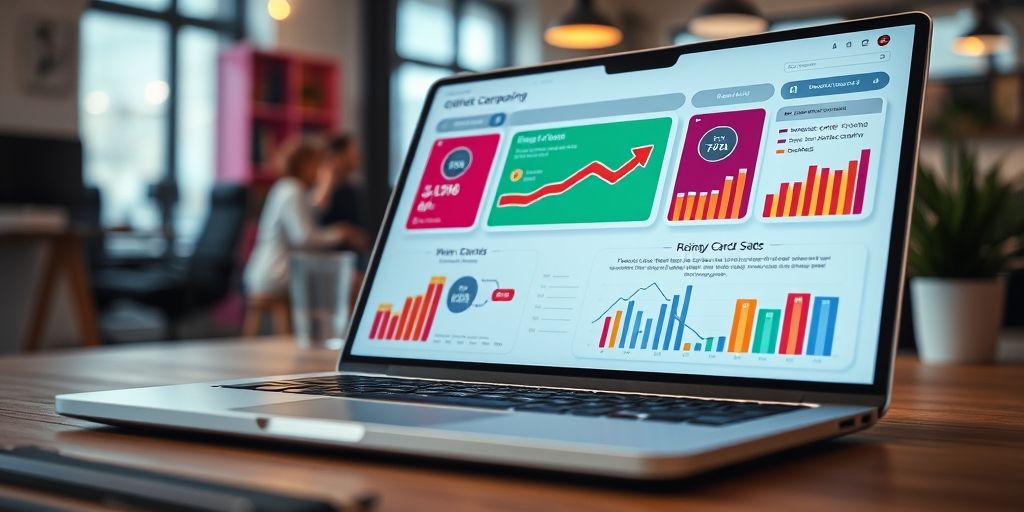 A close-up shot of a vibrant gift card campaign dashboard on a laptop screen, with colorful charts and rising ROI metrics, set in a modern marketing studio.