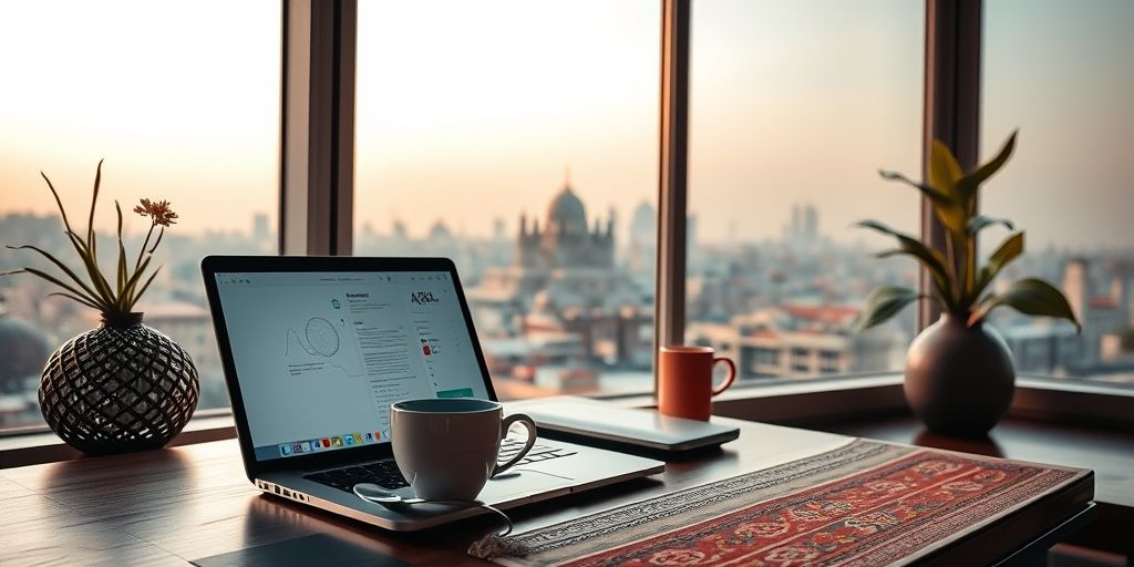 A modern Persian workspace with a laptop showing AI content generation interface, Persian tea cup, soft warm lighting, subtle Tehran skyline through window, vivid colors and high-detail textures.
