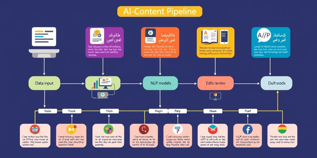 A vivid infographic-style image of an AI content pipeline: data input, NLP models, editorial review, distribution channels, with Persian labels and colorful icons, flat modern design, high clarity.