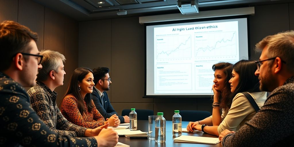 A diverse team in a conference room debating AI ethics, charts on screen, Persian documents, warm natural light, expressive faces, realistic photo, high resolution.