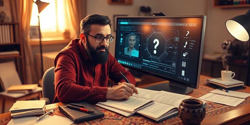An inspirational image of a Persian writer collaborating with an AI avatar on a screen, warm studio lighting, papers and Persian notebook, creative and hopeful mood, detailed realism.