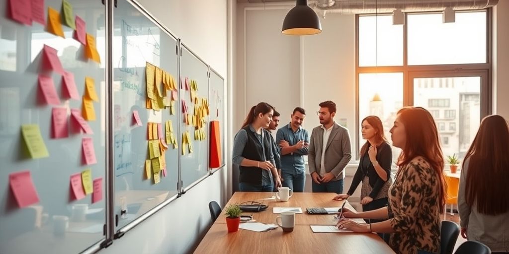 A close-up shot of a modern Tehran coworking space, vibrant whiteboards, sticky notes, diverse founders collaborating, warm natural light, energy of experimentation, and startup culture.