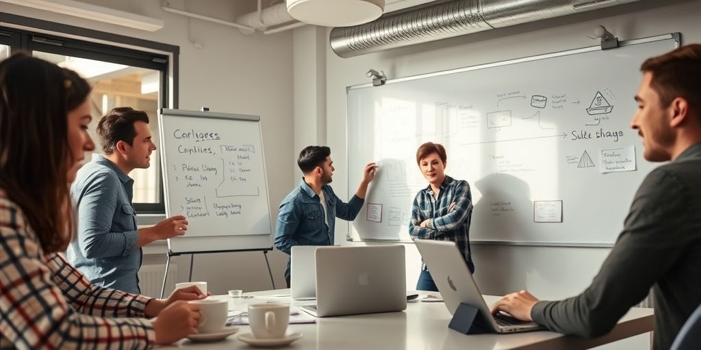 Early-stage startup team in a small office, sketching ideas on a whiteboard, laptops open, coffee cups, focused expressions, bright morning light, showcasing collaboration and rapid iteration.