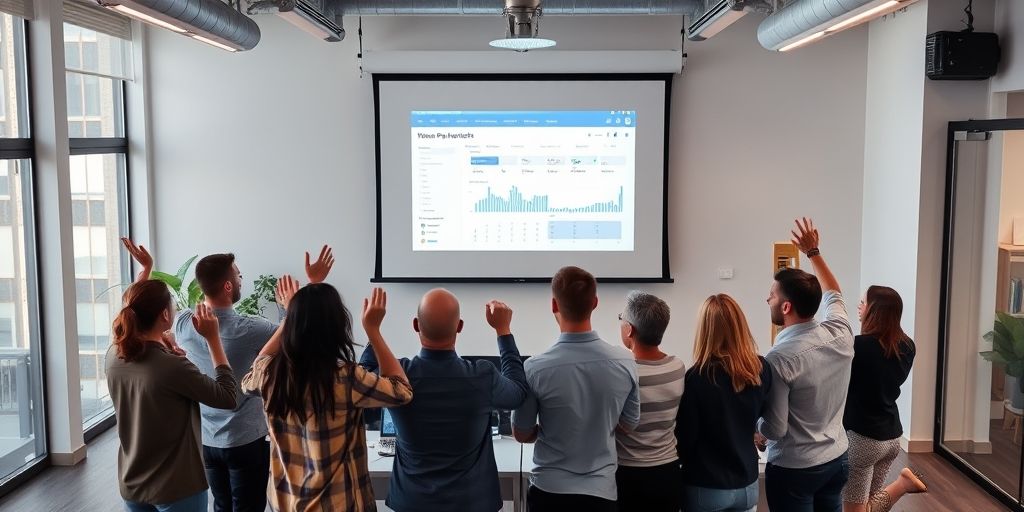 A product launch scene with a diverse team presenting a new app on a projector, dashboards on screen, cheering colleagues, sleek office environment, conveying momentum and user-centered innovation.