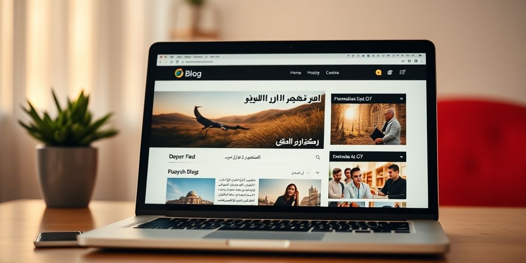 A crisp screenshot of a fast-loading Persian blog on a laptop screen, showing optimized images and performance metrics, warm ambient lighting and modern UI, focus on clarity and speed.