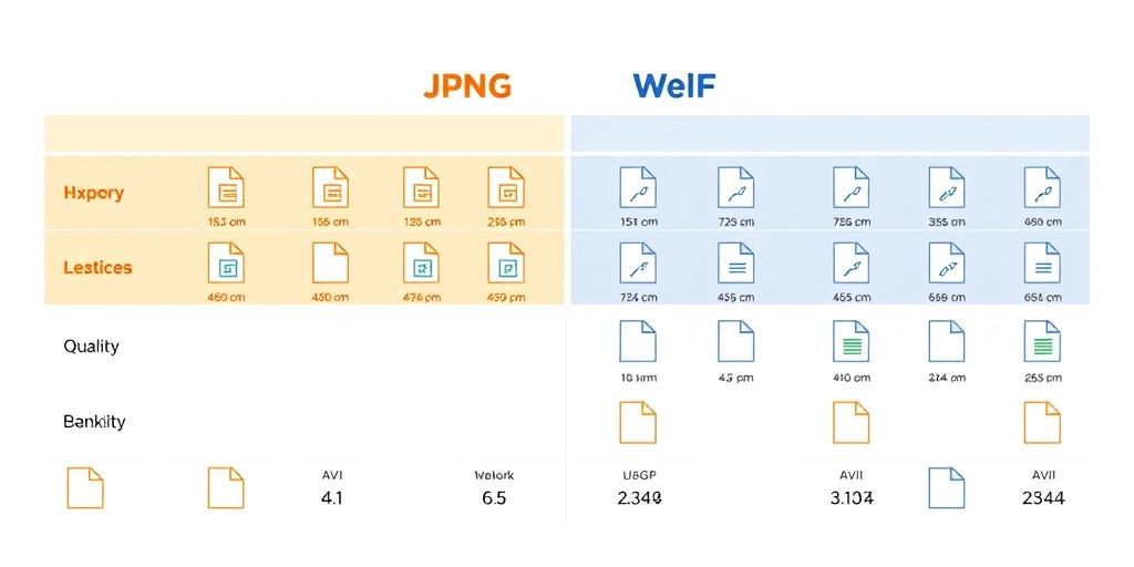 A comparative infographic showing JPEG, PNG, WebP, AVIF icons with file sizes, quality sliders and responsive dimensions on a clean white background, high contrast and modern design.