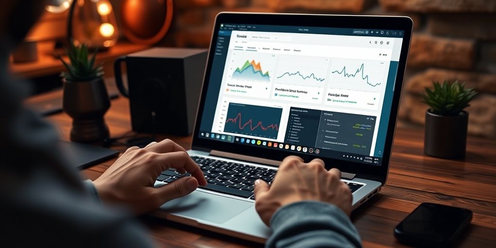 A hands-on workspace showing a developer configuring WordPress plugins on a laptop, with performance graphs on screen and Persian interface, cozy lighting, realistic details.