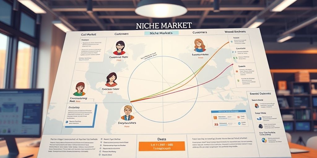 A close-up, high-detail illustration of a niche market map with customer avatars, demand curves, and keyword dashboards in a modern office setting, warm lighting, digital screens.