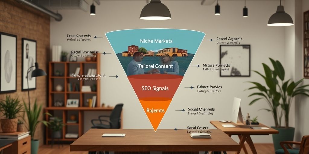 A mid-section visual showing a layered funnel for niche markets with tailored content, SEO signals, and social channels in a stylish startup workspace.