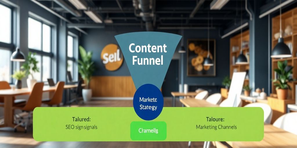 A mid-section visual showing a focused content funnel with tailored SEO signals and marketing channels in a vibrant startup office, emphasizing data-driven strategy.