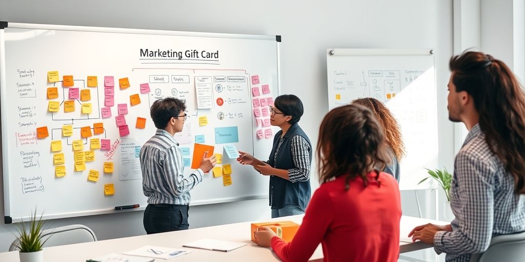 A detailed scene of a marketing team planning a gift card campaign on a whiteboard, with sticky notes, user personas, and flowcharts, bright studio lighting and diverse team members collaborating.