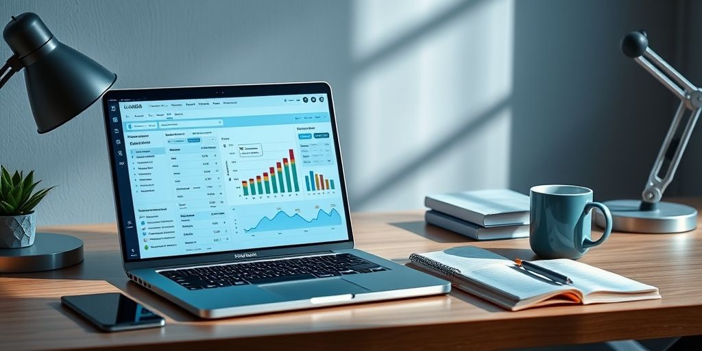 A modern desk setup illustrating an AI-powered SEO planning session: laptop showing keyword research dashboards, charts, and Persian UI, plus notebooks, a mug, and soft daylight creating a focused, strategic atmosphere.
