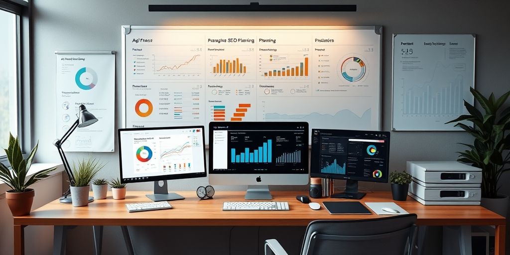 A strategic desk setup showing AI-driven SEO planning with dashboards and Persian UI, a whiteboard with KPI targets, and a calm, productive atmosphere.