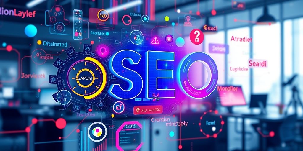 An abstract concept art of AI and SEO synergy: gears blending with search engine icons, Persian keywords floating, vibrant colors, and a futuristic studio environment.
