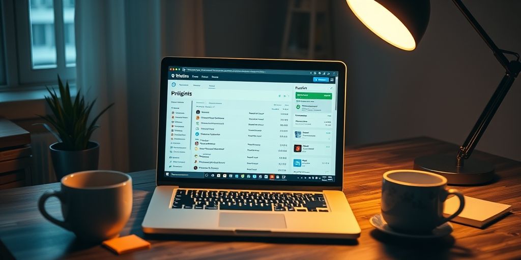 A modern Persian workspace showing a laptop with WordPress dashboard open, plugin list visible with Persian UI, warm lighting, coffee cup, sticky notes, conveying thoughtful plugin selection.