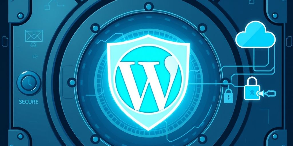 High-detail illustration of a secure digital vault with WordPress logo, shield icons, backup cloud snapshots, and encrypted connections, cool tones, modern UI elements.