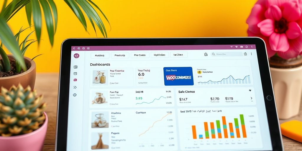 A vibrant scene of an e-commerce dashboard on a tablet with WooCommerce interface, Persian product listings, sales graphs, responsive design elements, colorful and lively composition.
