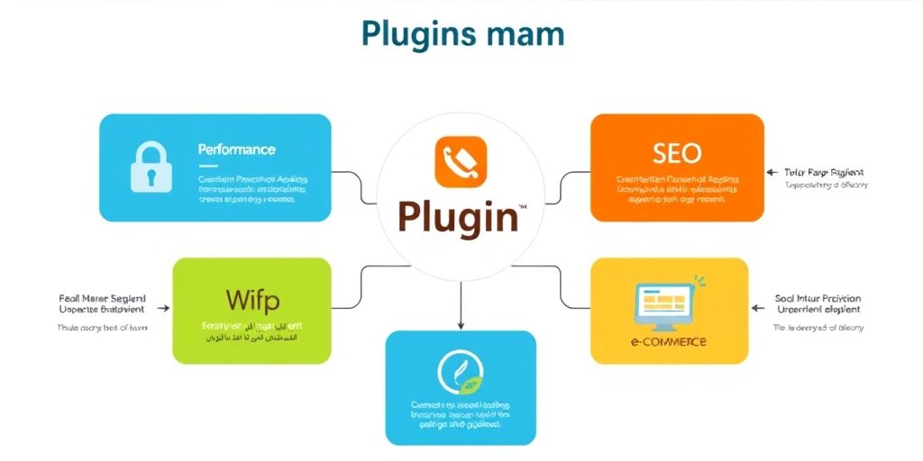 A conceptual infographic showing plugin taxonomy: security, performance, SEO, e-commerce, with Persian labels, colorful icons, clean flat design and clear hierarchy.
