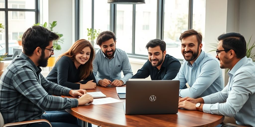 A friendly Persian team around a table reviewing plugin reports on a laptop, smiling, collaborative atmosphere, natural light, modern office, representing community-driven WordPress expertise.