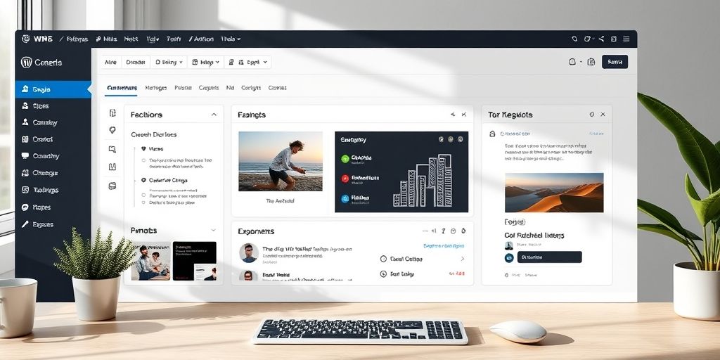 A high-resolution screenshot-style image of a polished WordPress dashboard showing configurable widgets, clean UI, and organized menus, soft natural lighting, and a focused workflow for a professional blogger.