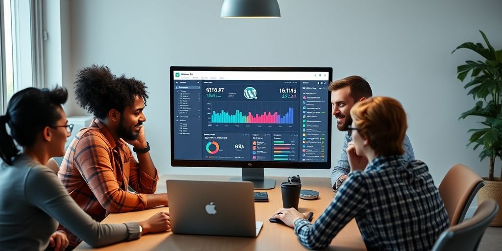 An inspiring shot of a diverse team collaborating around a laptop with WordPress dashboard on screen, highlighting teamwork, efficiency, and professional dashboard setup.