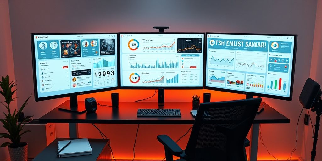 A modern desk setup with three large monitors showing cross-platform social media dashboards, Persian UI, warm lighting, and analytics graphs highlighting strategy, audience reach, and creative planning in a vibrant, professional environment.