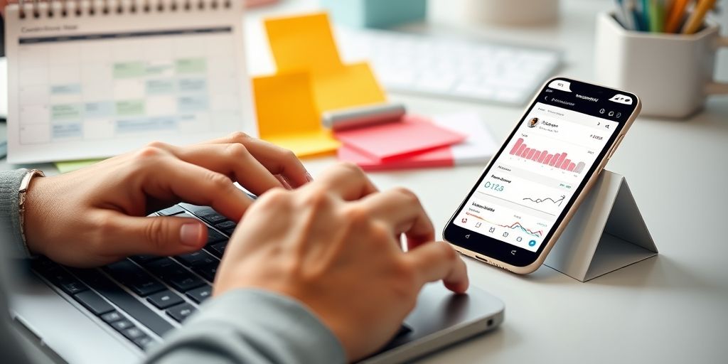 A close-up of hands typing on a keyboard beside a content calendar, sticky notes, and a smartphone displaying engagement metrics, conveying organized content planning, scheduling, and optimization in a bright, collaborative workspace.