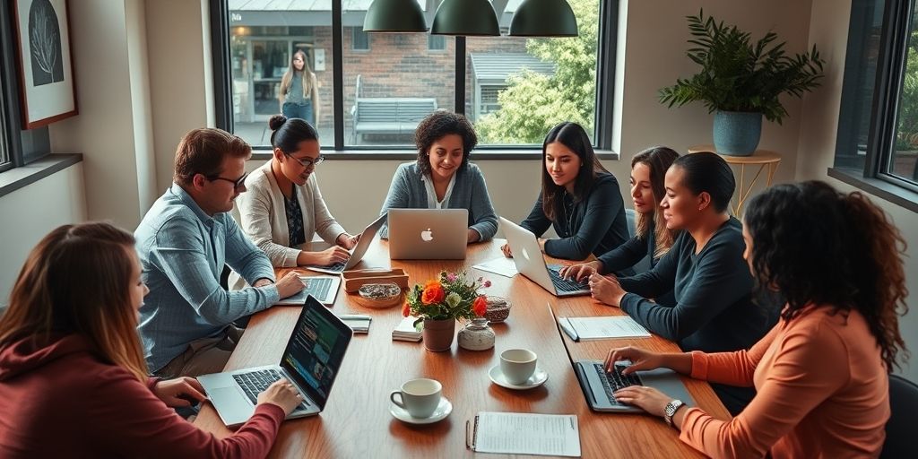 A warm, collaborative team meeting around a table with laptops, notebooks, and coffee, reflecting trust, ethical marketing, and collective decision-making in a diverse, inclusive environment.