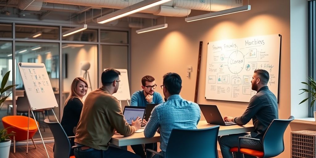 A dynamic team in a modern office brainstorming social media strategy on laptops and whiteboards, vibrant colors, warm lighting, high-tech atmosphere, showcasing collaboration, data-driven planning, and creative energy for advanced digital marketing.