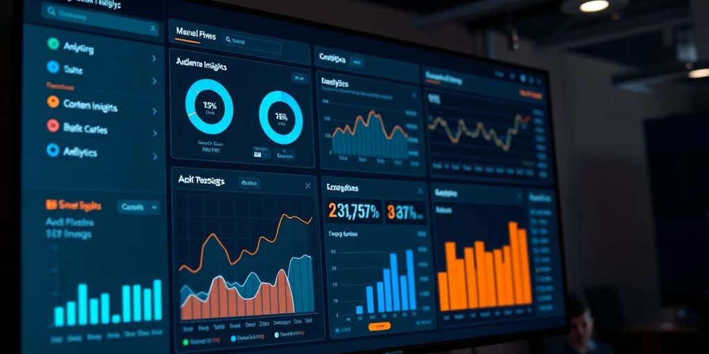 A detailed analytics dashboard on a large screen showing engagement metrics, audience insights, and content performance, with charts, graphs, and color-coded data, illuminated by cool lighting, symbolizing data-driven decision making.