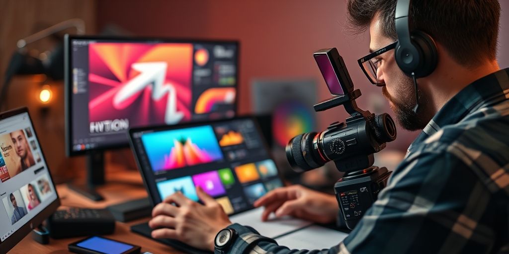 A cinematic close-up of a designer working on motion graphics, vibrant color palette, dynamic social media storyboard, and high-quality video equipment, illustrating creative production for advanced marketing.