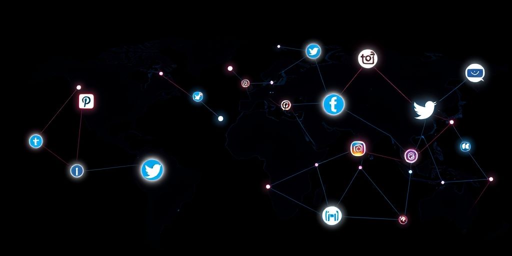 Global network of interconnected icons representing major social platforms across a dark background, neon accents, signifying global reach and strategic collaboration for modern marketing.
