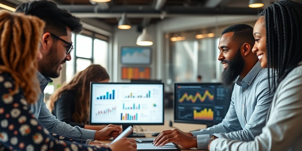 A close-up shot of a diverse team analyzing social metrics on screens, vibrant charts, modern office, warm natural light, conveying strategic collaboration and modern marketing.