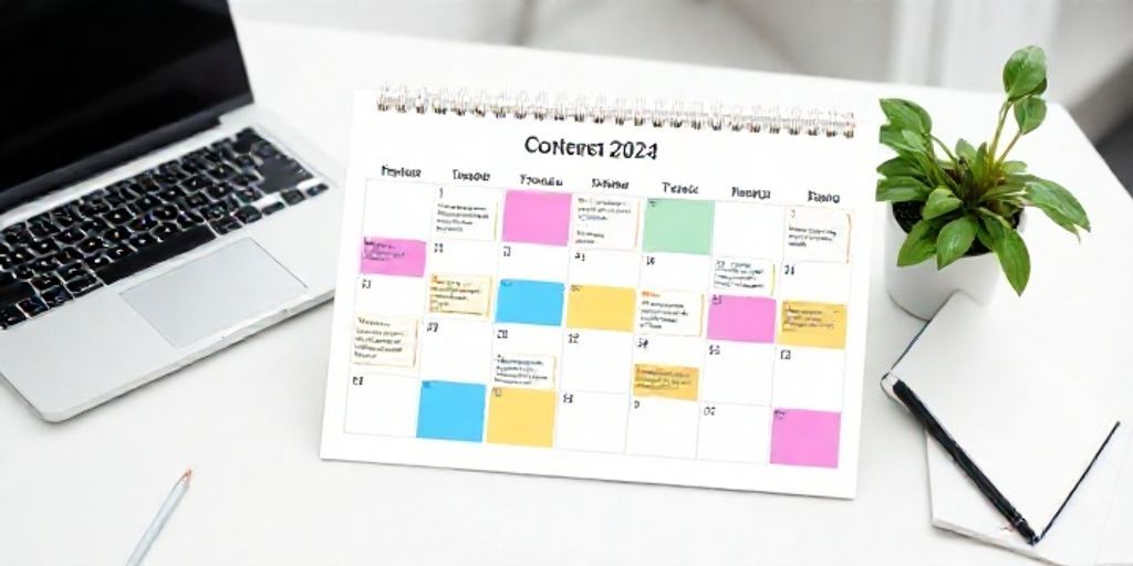 A creative layout of social media content calendar on a desk, featuring colorful posts, a laptop, notebook, plant, soft focus, conveying planning and consistency.