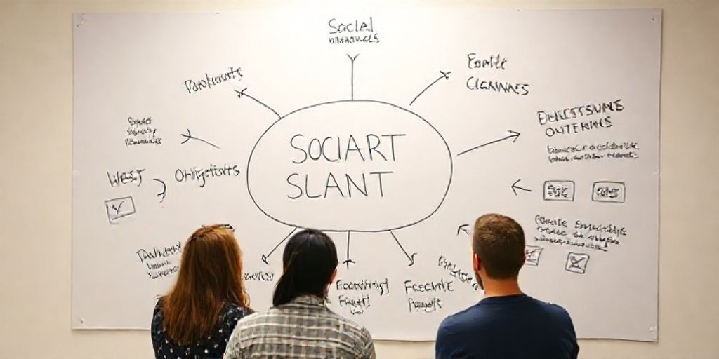 A strategic brain-storming session around a whiteboard with arrows and icons representing social channels, showing focus on objectives and measurable outcomes.