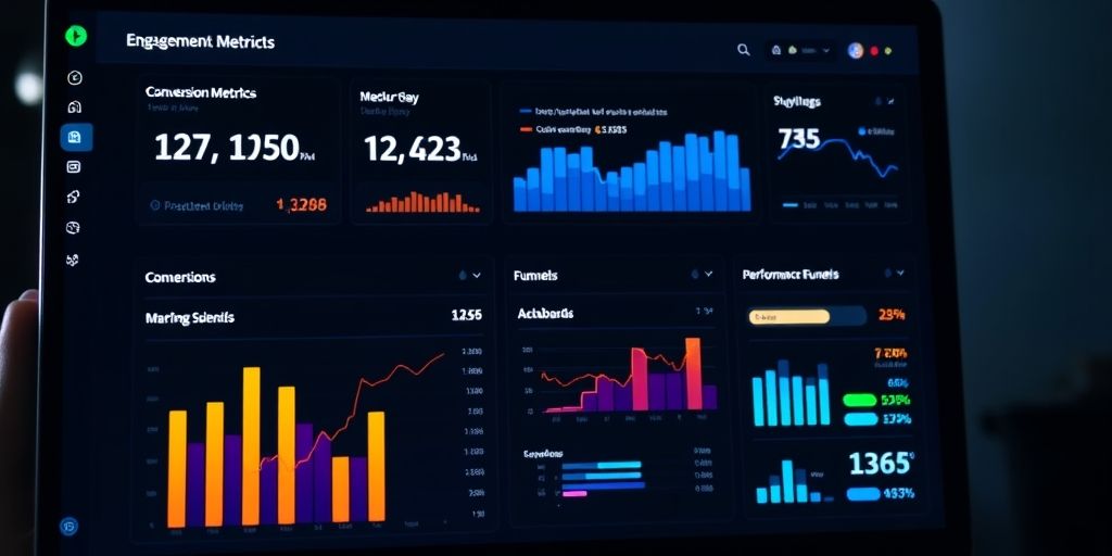 A data-driven dashboard showing engagement metrics, conversion funnels, and color-coded performance indicators on a computer screen.