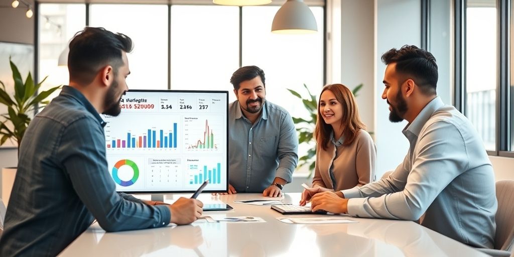 A modern marketing team in a bright office, analyzing data on a sleek dashboard, vibrant charts with Persian text on screen, warm lighting, collaborative atmosphere, conveying advanced content marketing concepts.