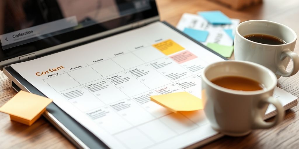 Close-up of a content calendar on a laptop, sticky notes, and a coffee cup, showing planning steps, color-coded sections, and a macro view of an editorial workflow, soft daylight.