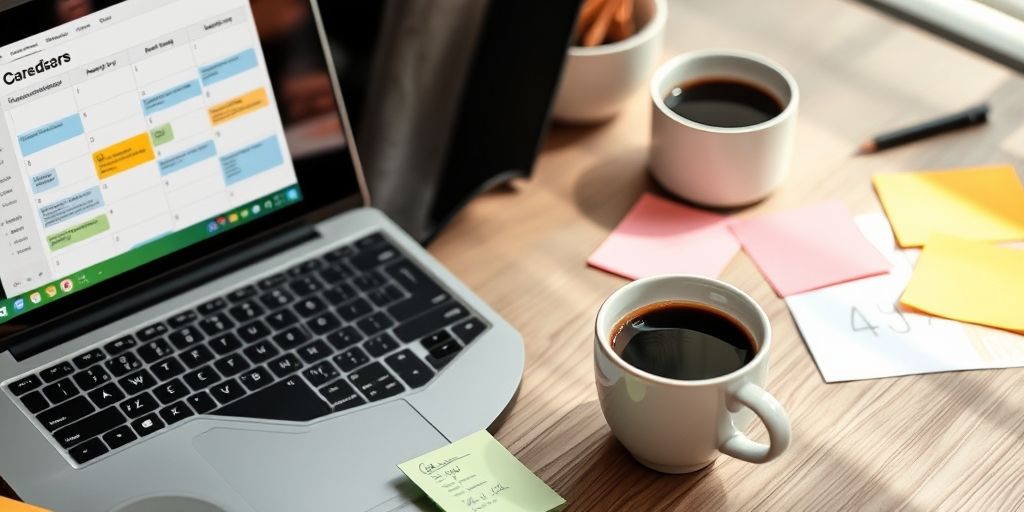 A close-up of a content calendar on a laptop, sticky notes, and a coffee cup, showing planning steps, color-coded sections, and a macro view of an editorial workflow, soft daylight.
