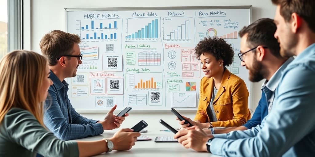 A close-up shot of a modern marketing team brainstorming mobile campaigns, with a whiteboard filled with graphs, QR codes, and mobile screens, vibrant colors, natural daylight, and a sense of collaborative, data-driven decision making.