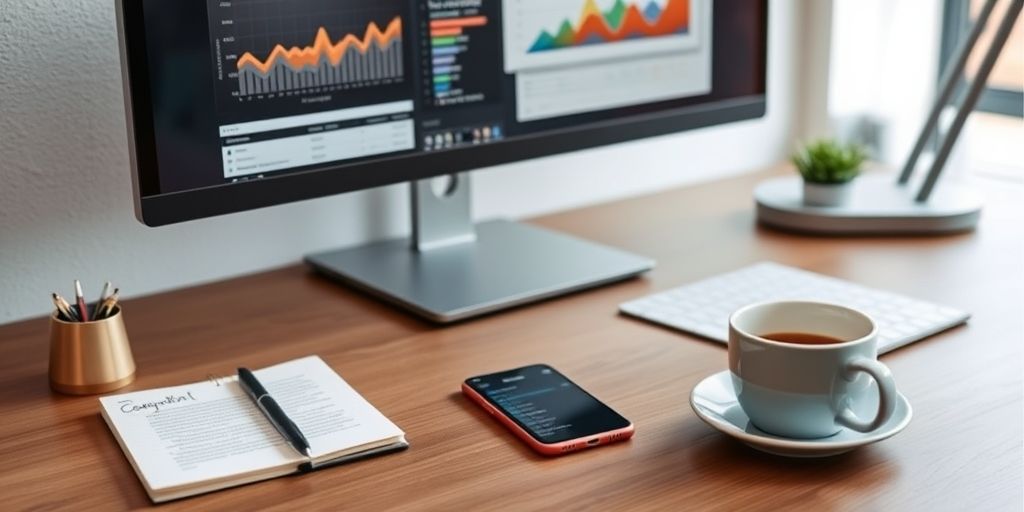 A smartphone-focused content creation desk featuring app screens, copywriting notes, analytics dashboard on monitor, and coffee cup, emphasizing mobile-first content strategy and user-centric design in a sleek, modern workspace.