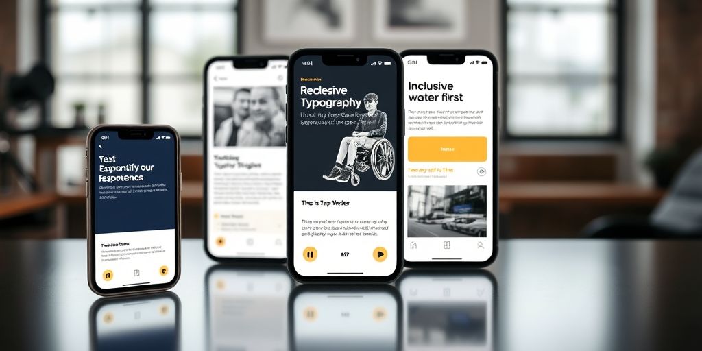 A UX design studio with mobile-first layouts on multiple screens, showing responsive typography, tap targets, and accessibility features, highlighting inclusive design and seamless cross-device experience for mobile marketing.