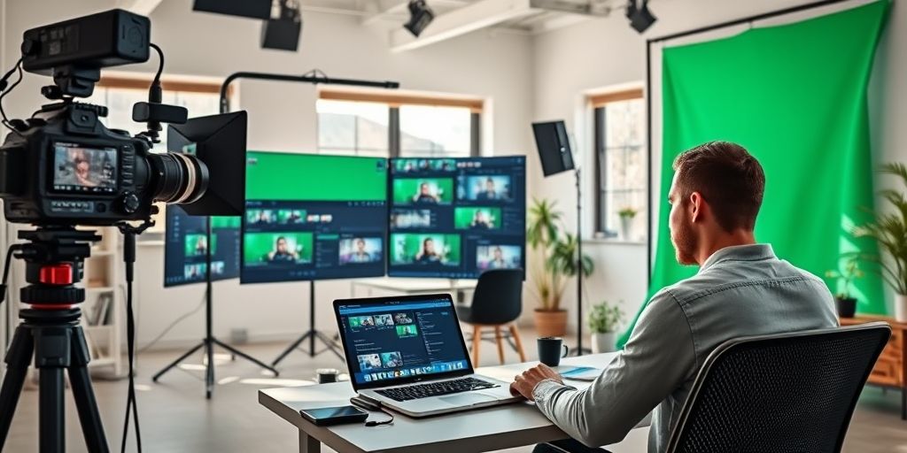 A modern content studio with a camera, green screen, and multiple monitors showing video timelines; bright, welcoming workspace, a creator planning a compelling narrative over a laptop, natural light creating an inviting atmosphere.