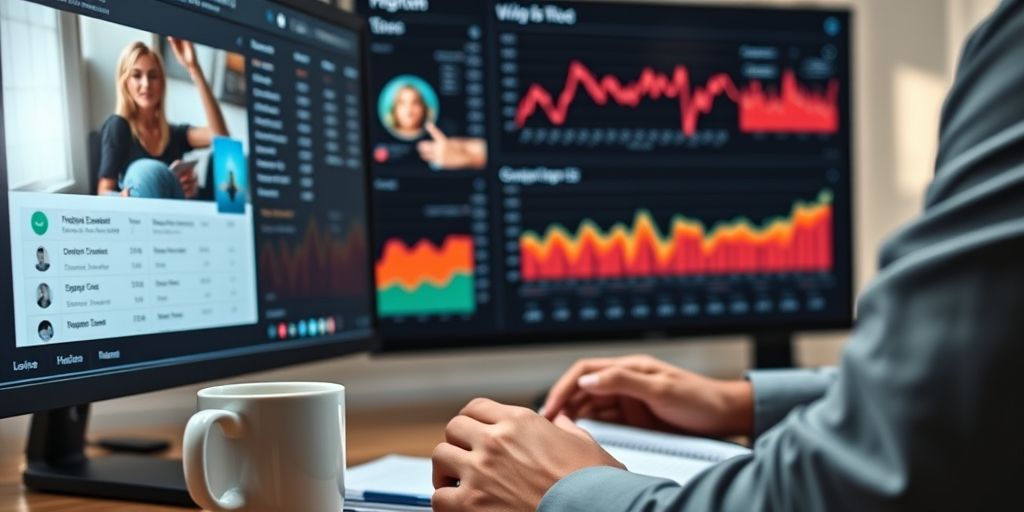 A close-up of a dashboard showing video engagement metrics, a marketer reviewing charts on a large monitor, with a coffee cup and notebook in the foreground, conveying data-driven optimization.