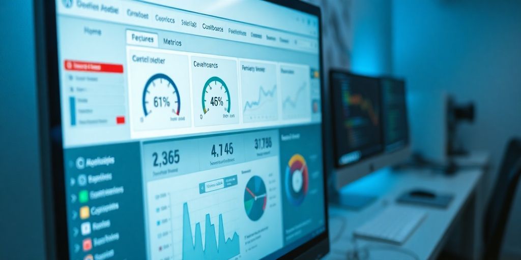 A close-up of a WordPress admin dashboard on a high-resolution monitor, showing performance metrics, cache indicators, and speed graphs, with a clean modern UI, soft blue tones, and a focused developer workstation in the background.