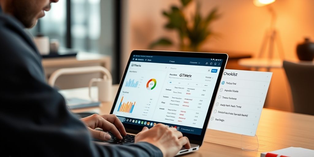 A developer analyzing optimization results on a laptop, with GTmetrix charts, page load times, and a to-do checklist, in a modern workspace with warm lighting.