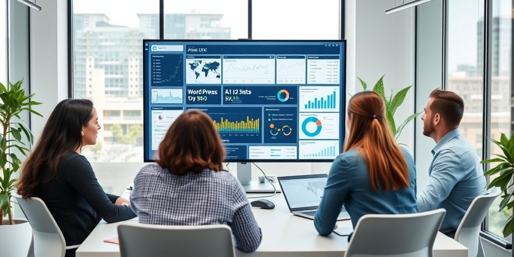 A modern office scene showing a team evaluating an AI SEO workflow on a large monitor, with WordPress dashboards and analytics, conveying collaboration and clarity.