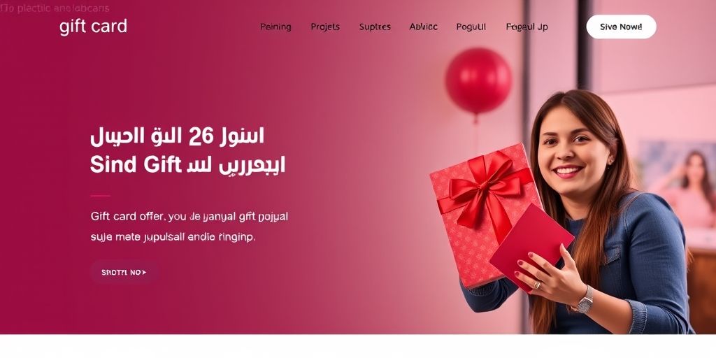 A close-up landing page showing a vibrant gift card offer on a modern Persian website, warm colors, clear CTA button, users smiling, high-contrast typography, realistic web UI mockup