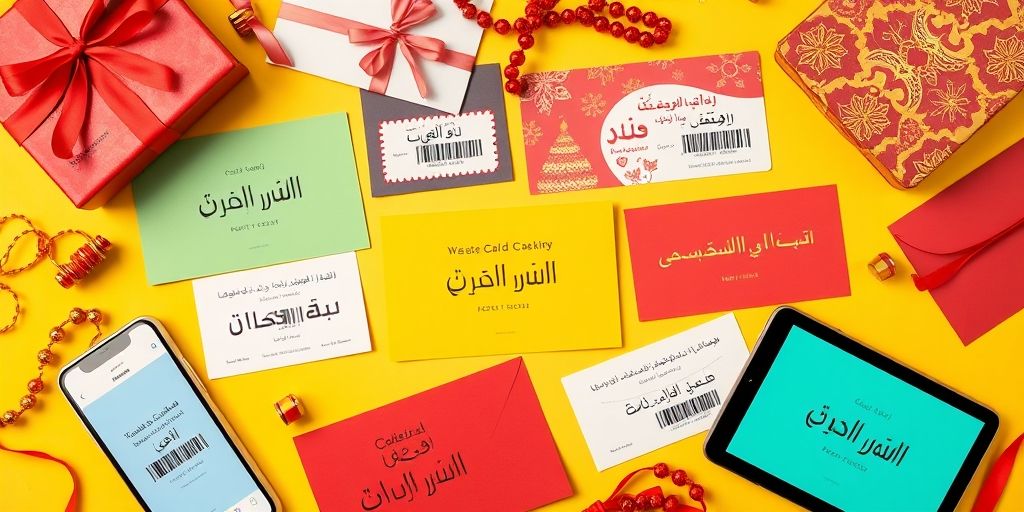 A vibrant flat-lay of different gift cards and digital codes with Persian text mockups, modern e-commerce devices, warm lighting, and clear visual hierarchy, emphasizing conversion and UX