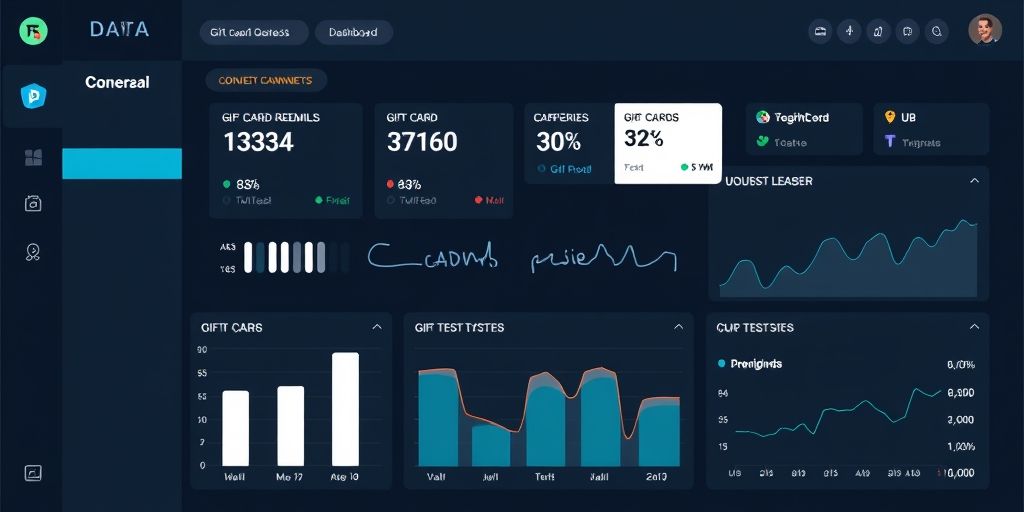 A data-focused dashboard mockup showing conversion metrics, gift card redemptions, A/B test results, Persian labels, clean graphs, and a professional analytical UI with cool tones